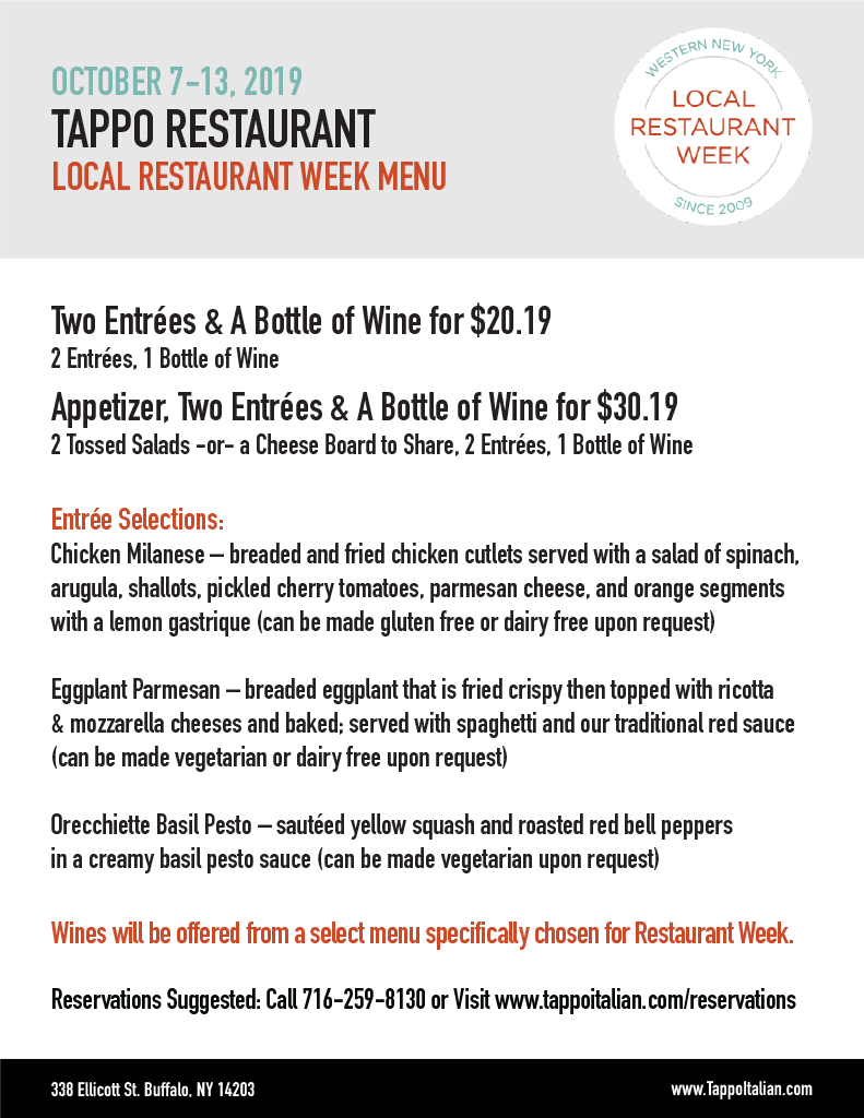 Photo of menu for tappo local restaurant week menu